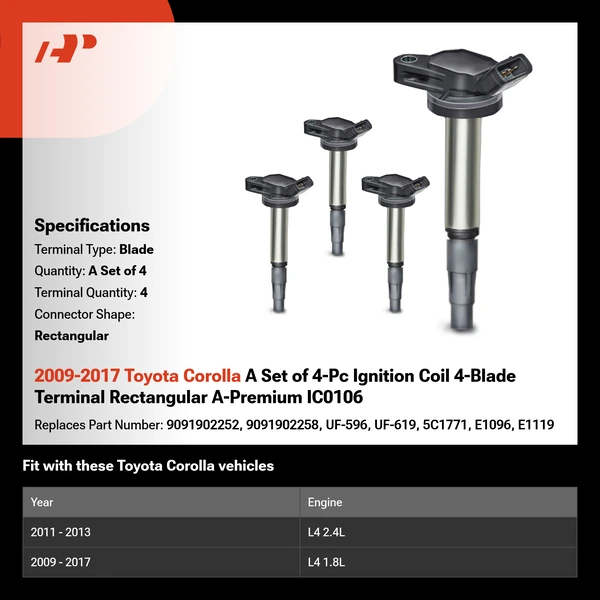 2009-2017 Toyota Corolla A Set of 4-Pc Ignition Coil 4-Blade Terminal Rectangular A-Premium IC0106