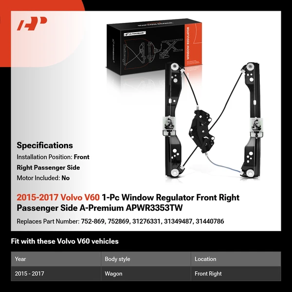 2015-2017 Volvo V60 1-Pc Window Regulator Front Right Passenger Side A-Premium APWR3353TW