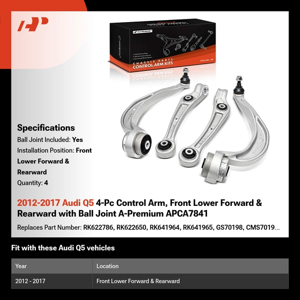 2012-2017 Audi Q5 4-Pc Control Arm, Front Lower Forward & Rearward with Ball Joint A-Premium APCA7841