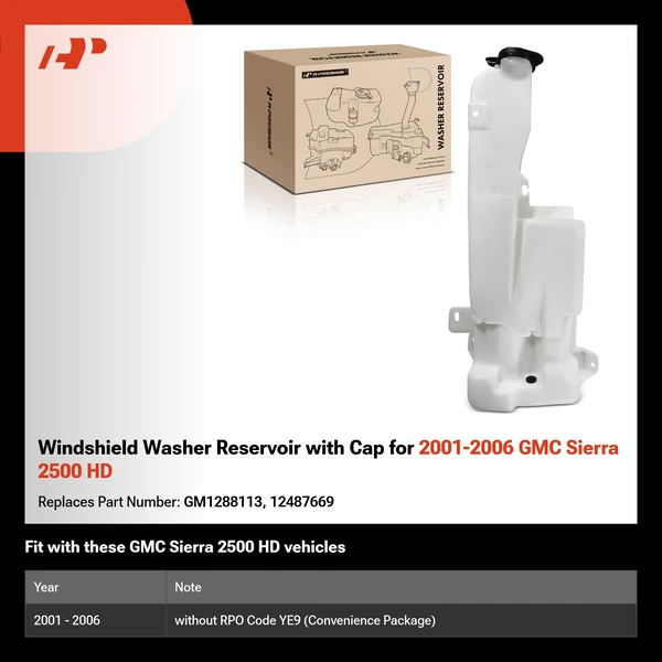 Windshield Washer Reservoir with Cap for 2001-2006 GMC Sierra 2500 HD