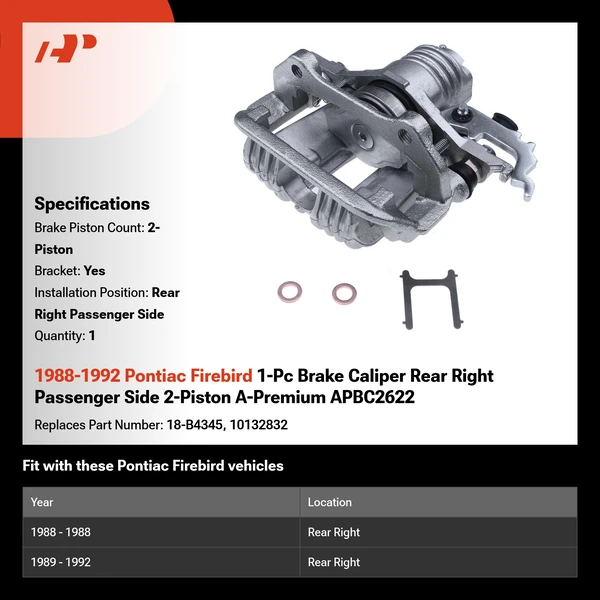 1988-1992 Pontiac Firebird 1-Pc Brake Caliper Rear Right Passenger Side 2-Piston A-Premium APBC2622