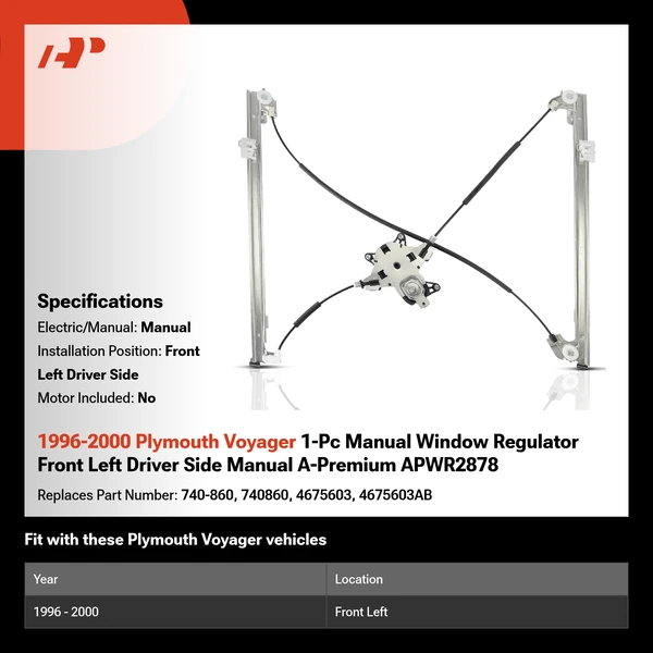 1996-2000 Plymouth Voyager 1-Pc Manual Window Regulator Front Left Driver Side Manual A-Premium APWR2878