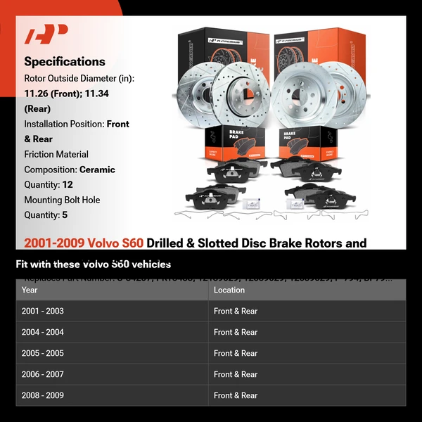 2001-2009 Volvo S60 Drilled & Slotted Disc Brake Rotors and Ceramic Pads Kit, 12 Pcs, Front & Rear, A-Premium, APBRPS331