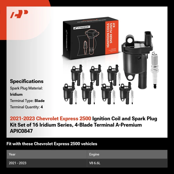 2021-2023 Chevrolet Express 2500 Ignition Coil and Spark Plug Kit Set of 16 Iridium Series, 4-Blade Terminal A-Premium APIC0847
