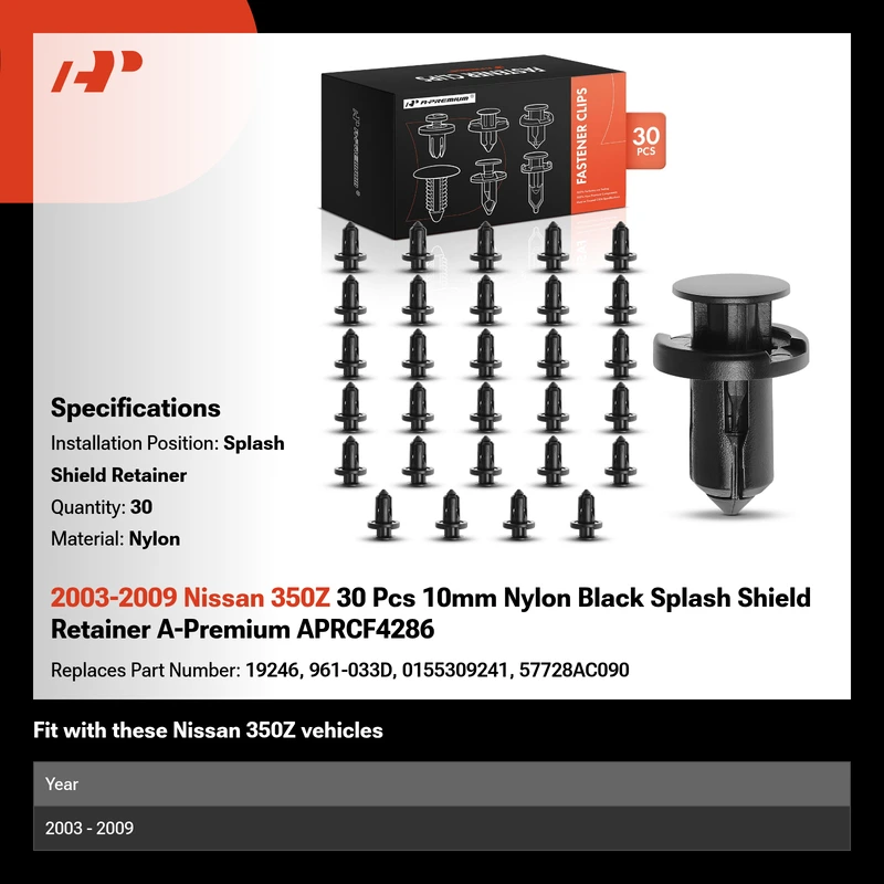 2003-2009 Nissan 350Z 30 Pcs 10mm Nylon Black Splash Shield Retainer A-Premium APRCF4286