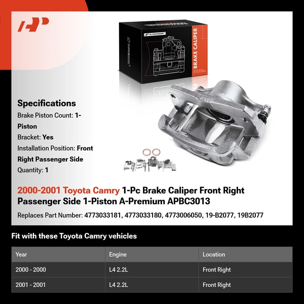 2000-2001 Toyota Camry 1-Pc Brake Caliper Front Right Passenger Side 1-Piston A-Premium APBC3013