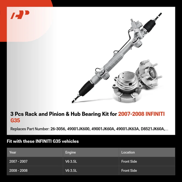 3 Pcs Rack and Pinion & Hub Bearing Kit for 2007-2008 INFINITI G35