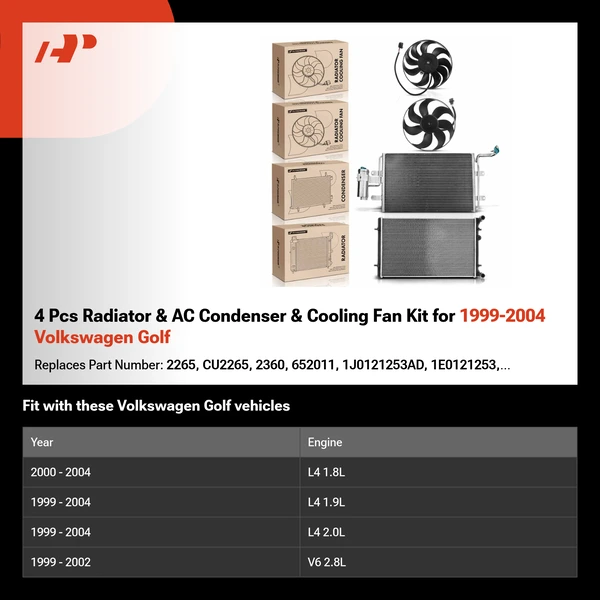 4 Pcs Radiator & AC Condenser & Cooling Fan Kit for 1999-2004 Volkswagen Golf