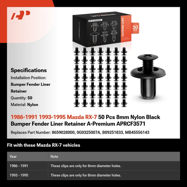 1986-1991 1993-1995 Mazda RX-7 50 Pcs 8mm Nylon Black Bumper Fender Liner Retainer A-Premium APRCF3571