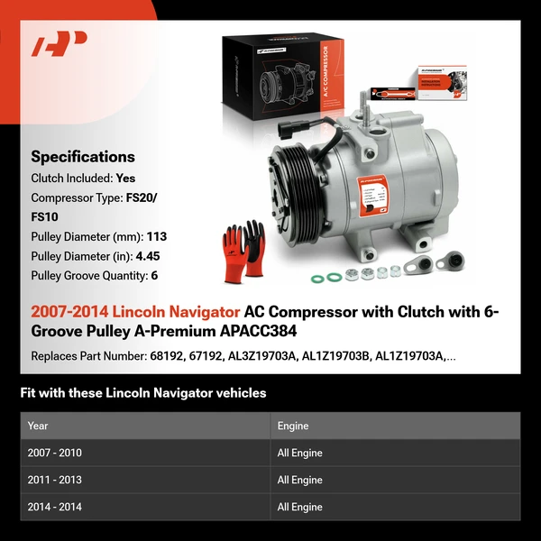 2007-2014 Lincoln Navigator AC Compressor with Clutch with 6-Groove Pulley A-Premium APACC384