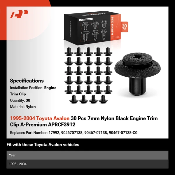 1995-2004 Toyota Avalon 30 Pcs 7mm Nylon Black Engine Trim Clip A-Premium APRCF3912