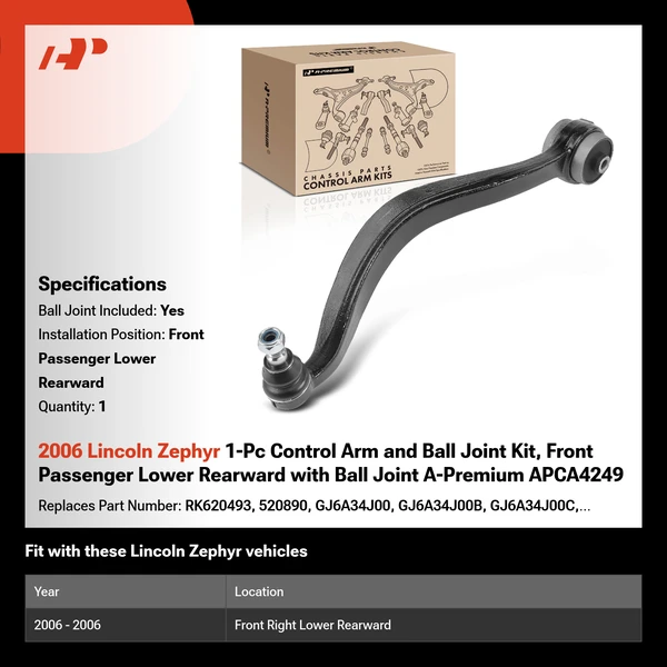 2006 Lincoln Zephyr 1-Pc Control Arm and Ball Joint Kit, Front Passenger Lower Rearward with Ball Joint A-Premium APCA4249