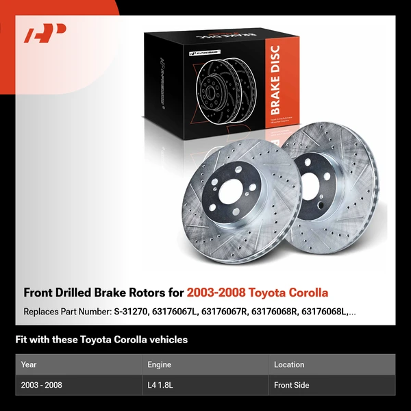 Front Drilled Brake Rotors for 2003-2008 Toyota Corolla