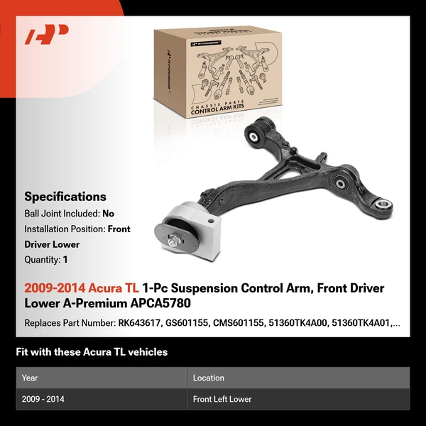 2009-2014 Acura TL 1-Pc Suspension Control Arm, Front Driver Lower A-Premium APCA5780
