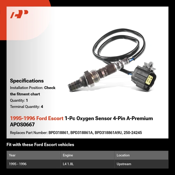 1995-1996 Ford Escort 1-Pc Oxygen Sensor 4-Pin A-Premium APOS0667