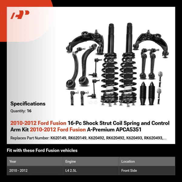 2010-2012 Ford Fusion 16-Pc Shock Strut Coil Spring and Control Arm Kit 2010-2012 Ford Fusion A-Premium APCA5351