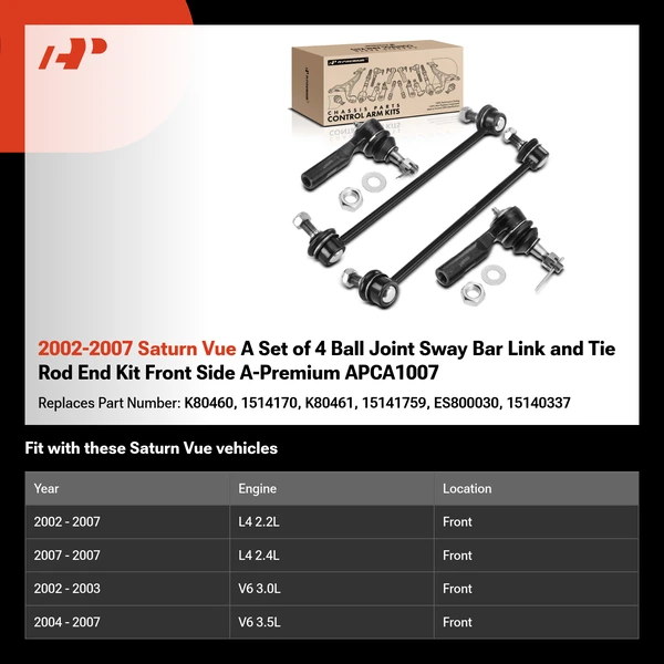 2002-2007 Saturn Vue A Set of 4 Ball Joint Sway Bar Link and Tie Rod End Kit Front Side A-Premium APCA1007