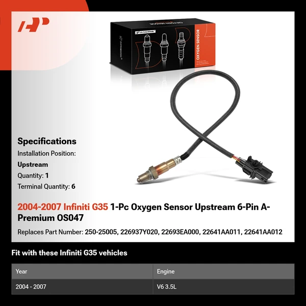 2004-2007 Infiniti G35 1-Pc Oxygen Sensor Upstream 6-Pin A-Premium OS047