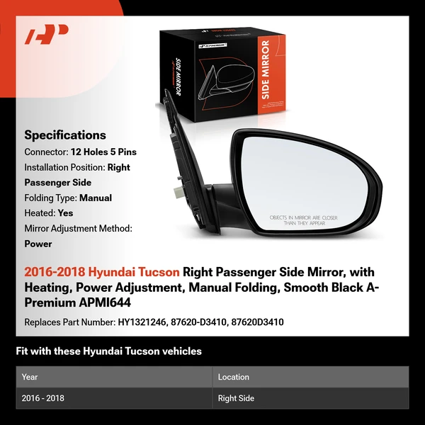 2016-2018 Hyundai Tucson Right Passenger Side Mirror, with Heating, Power Adjustment, Manual Folding, Smooth Black A-Premium APMI644