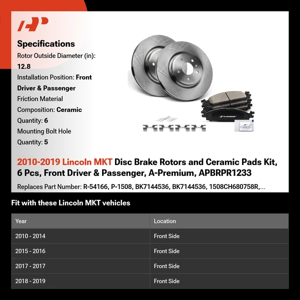2010-2019 Lincoln MKT Disc Brake Rotors and Ceramic Pads Kit, 6 Pcs, Front Driver & Passenger, A-Premium, APBRPR1233