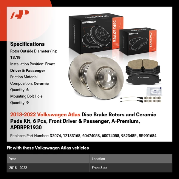 2018-2022 Volkswagen Atlas Disc Brake Rotors and Ceramic Pads Kit, 6 Pcs, Front Driver & Passenger, A-Premium, APBRPR1930