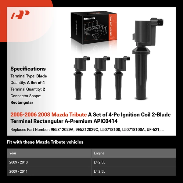 2005-2006 2008 Mazda Tribute A Set of 4-Pc Ignition Coil 2-Blade Terminal Rectangular A-Premium APIC0414
