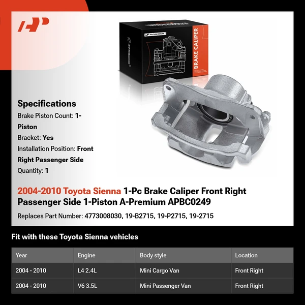 2004-2010 Toyota Sienna 1-Pc Brake Caliper Front Right Passenger Side 1-Piston A-Premium APBC0249