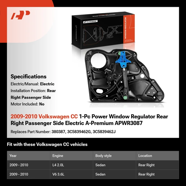 2009-2010 Volkswagen CC 1-Pc Power Window Regulator Rear Right Passenger Side Electric A-Premium APWR3087