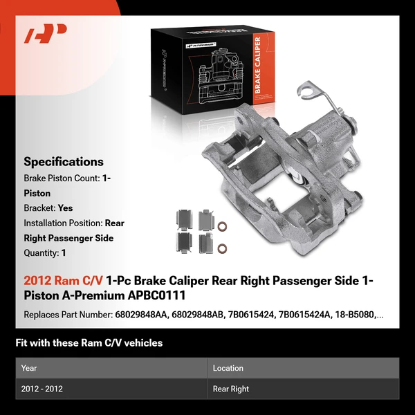 2012 Ram C/V 1-Pc Brake Caliper Rear Right Passenger Side 1-Piston A-Premium APBC0111