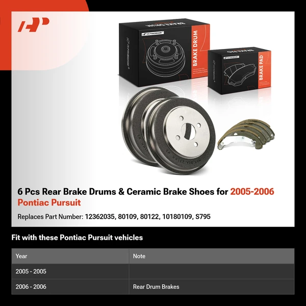 6 Pcs Rear Brake Drums & Ceramic Brake Shoes for 2005-2006 Pontiac Pursuit