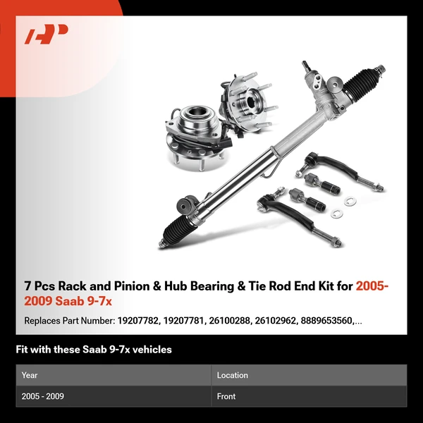 7 Pcs Rack and Pinion & Hub Bearing & Tie Rod End Kit for 2005-2009 Saab 9-7x