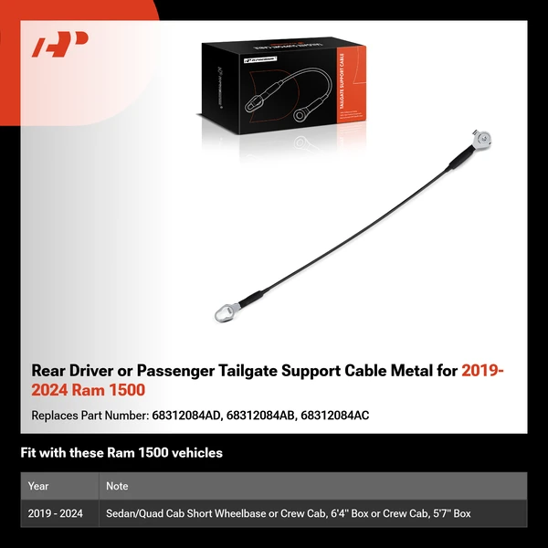 Rear Driver or Passenger Tailgate Support Cable Metal for 2019-2024 Ram 1500
