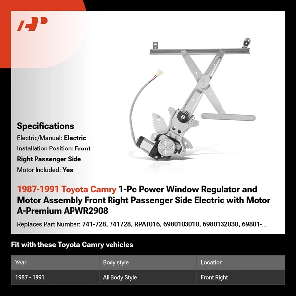 1987-1991 Toyota Camry 1-Pc Power Window Regulator and Motor Assembly Front Right Passenger Side Electric with Motor A-Premium APWR2908