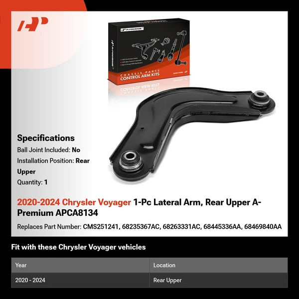 2020-2024 Chrysler Voyager 1-Pc Lateral Arm, Rear Upper A-Premium APCA8134