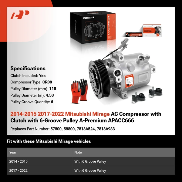 2014-2015 2017-2022 Mitsubishi Mirage AC Compressor with Clutch with 6-Groove Pulley A-Premium APACC666