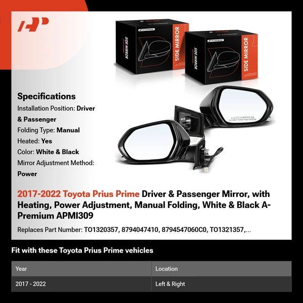 2017-2022 Toyota Prius Prime Driver & Passenger Mirror, with Heating, Power Adjustment, Manual Folding, White & Black A-Premium APMI309