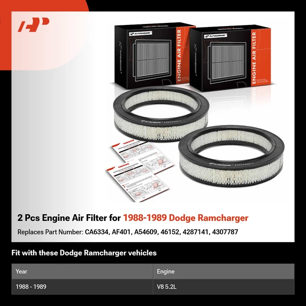 2 Pcs Engine Air Filter for 1988-1989 Dodge Ramcharger