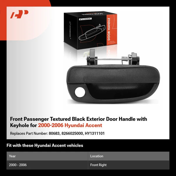Front Passenger Textured Black Exterior Door Handle with Keyhole for 2000-2006 Hyundai Accent