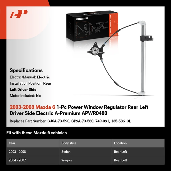 2003-2008 Mazda 6 1-Pc Power Window Regulator Rear Left Driver Side Electric A-Premium APWR0480