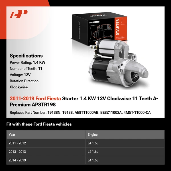 2011-2019 Ford Fiesta Starter 1.4 KW 12V Clockwise 11 Teeth A-Premium APSTR198