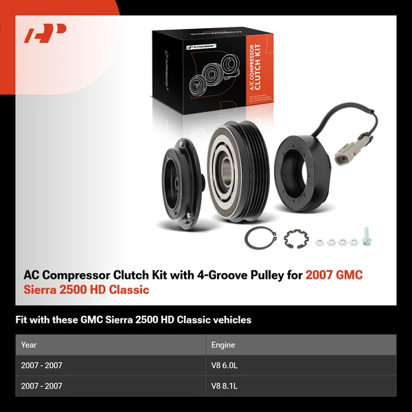 AC Compressor Clutch Kit with 4-Groove Pulley for 2007 GMC Sierra 2500 HD Classic