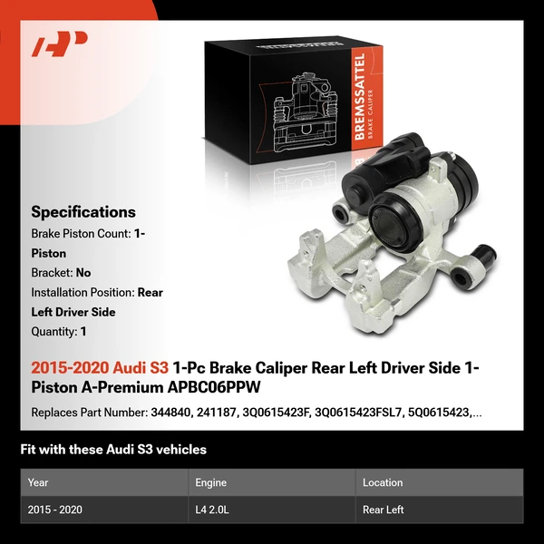 2015-2020 Audi S3 1-Pc Brake Caliper Rear Left Driver Side 1-Piston A-Premium APBC06PPW