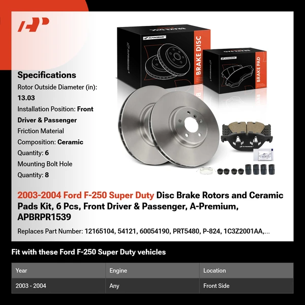 2003-2004 Ford F-250 Super Duty Disc Brake Rotors and Ceramic Pads Kit, 6 Pcs, Front Driver & Passenger, A-Premium, APBRPR1539