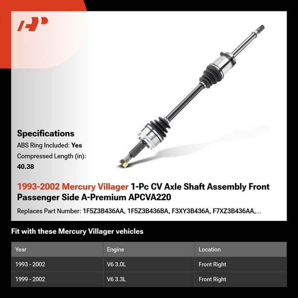 1993-2002 Mercury Villager 1-Pc CV Axle Shaft Assembly Front Passenger Side A-Premium APCVA220
