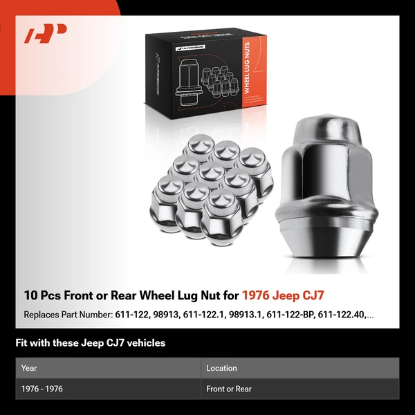 10 Pcs Front or Rear Wheel Lug Nut for 1976 Jeep CJ7