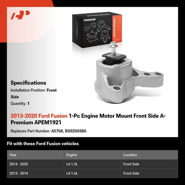 2013-2020 Ford Fusion 1-Pc Engine Motor Mount Front Side A-Premium APEM1921