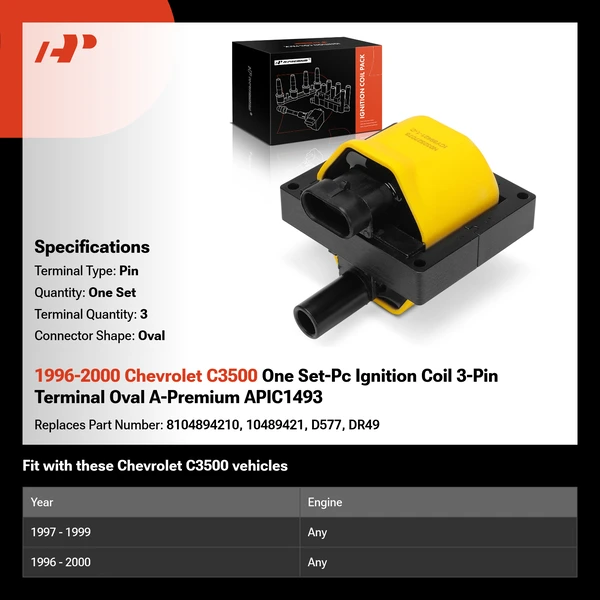 1996-2000 Chevrolet C3500 One Set-Pc Ignition Coil 3-Pin Terminal Oval A-Premium APIC1493