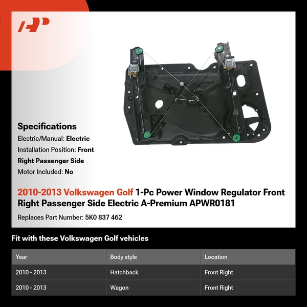 2010-2013 Volkswagen Golf 1-Pc Power Window Regulator Front Right Passenger Side Electric A-Premium APWR0181