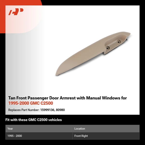 Tan Front Passenger Door Armrest with Manual Windows for 1995-2000 GMC C2500