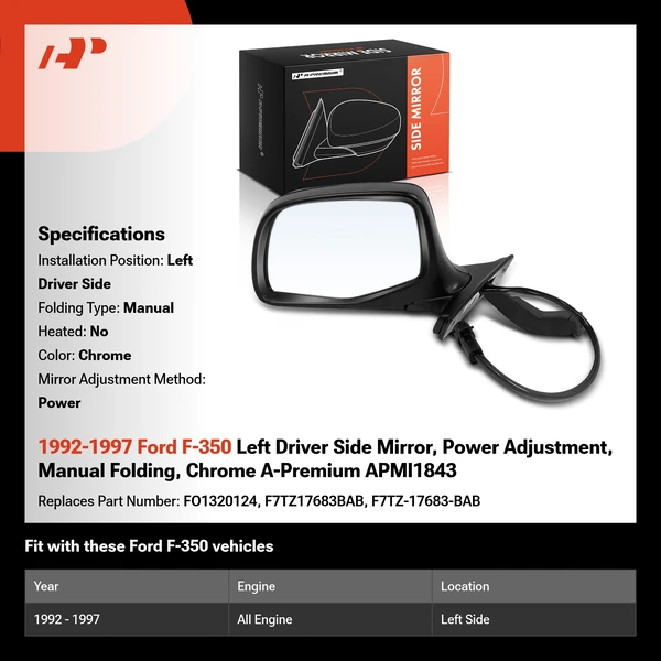 1992-1997 Ford F-350 Left Driver Side Mirror, Power Adjustment, Manual Folding, Chrome A-Premium APMI1843